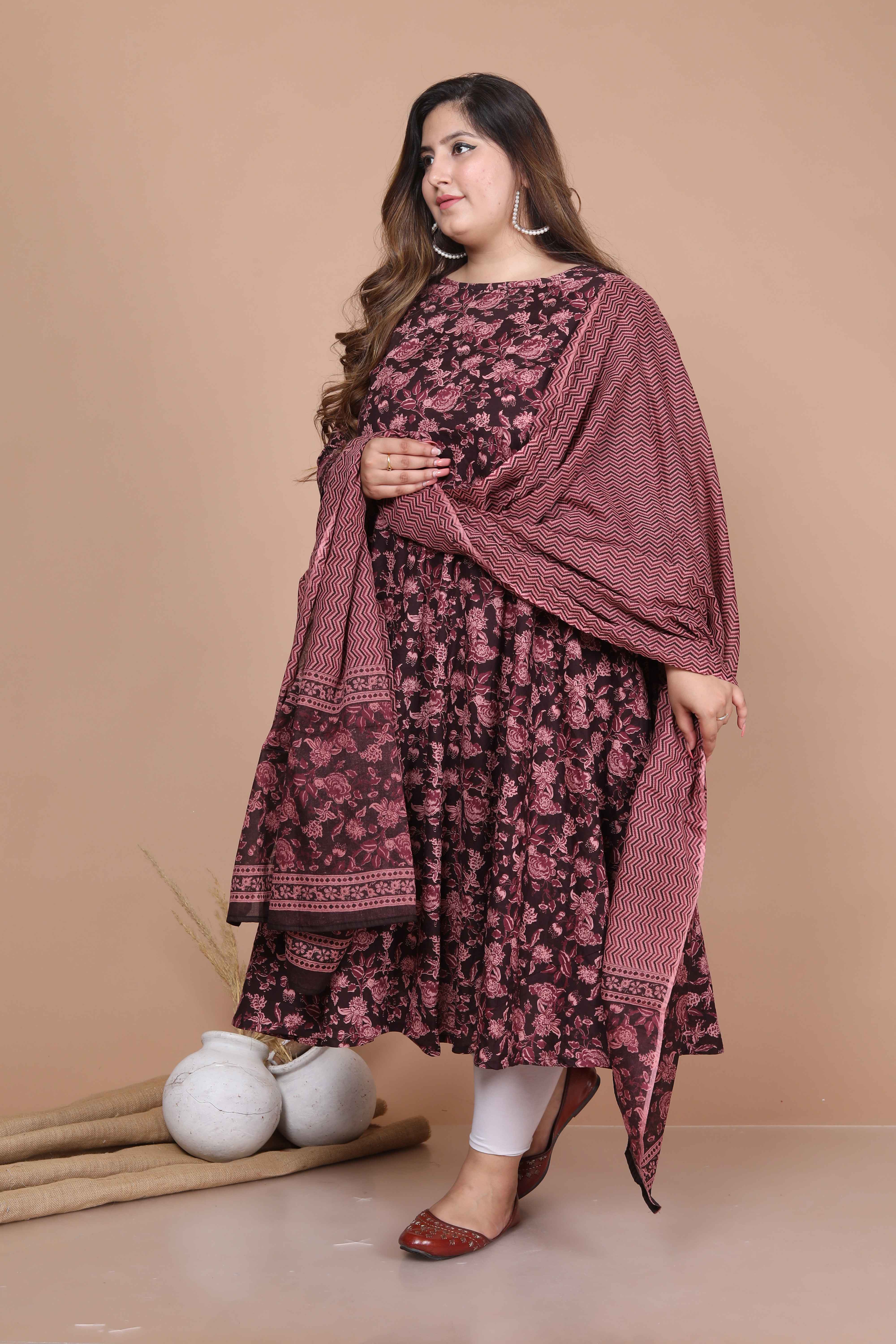 Maroon Printed Pure Cotton Bell Sleeves Anarkali Kurta with Dupatta